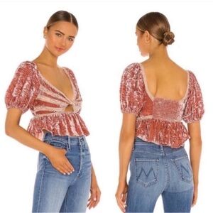 Free People Yours Truly Crushed Velvet & Lace Top in Mauve NWT